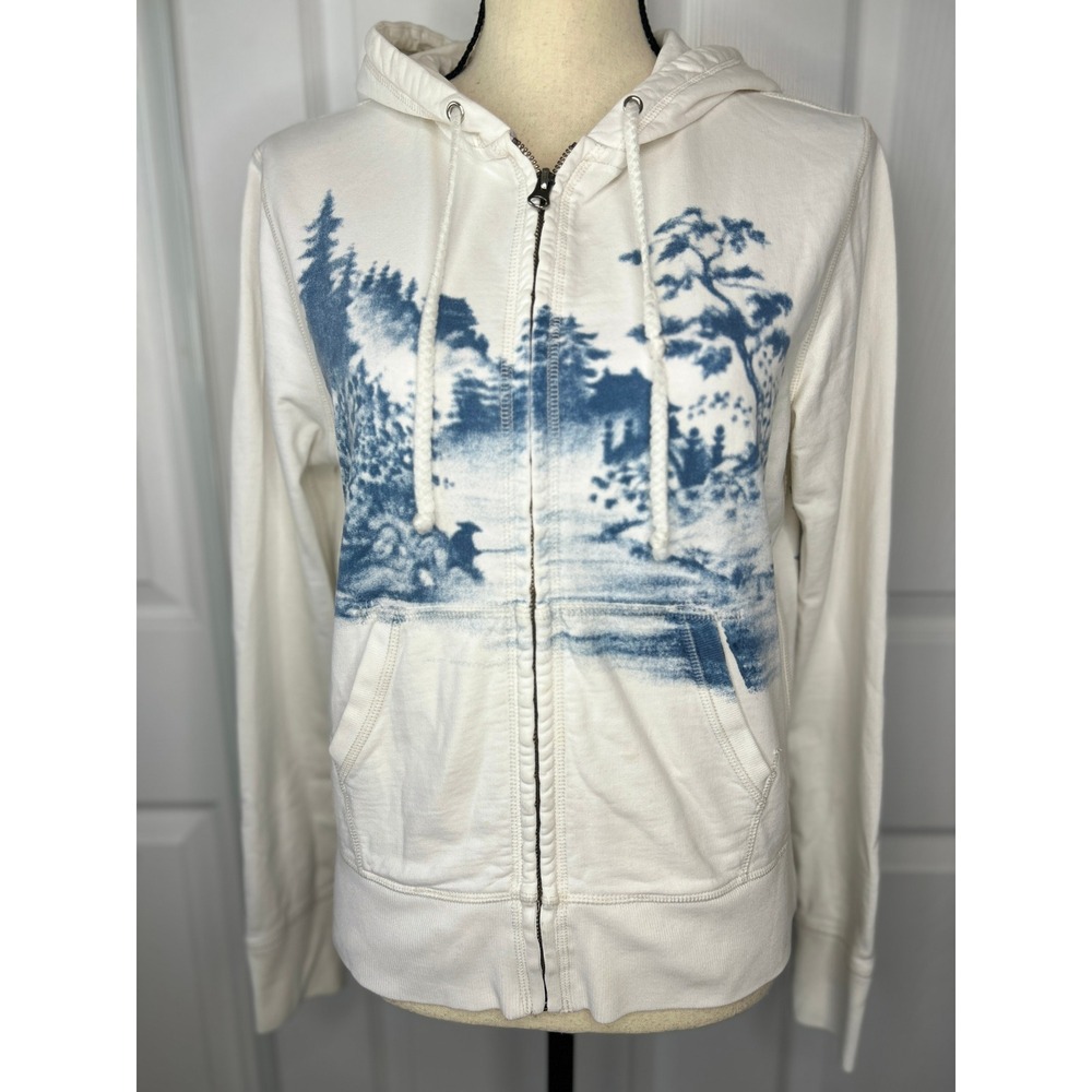 Lucky Brand Vintage Y2K Dungarees Zip Hoodie M Cream Blue Toile Landscape Cotton